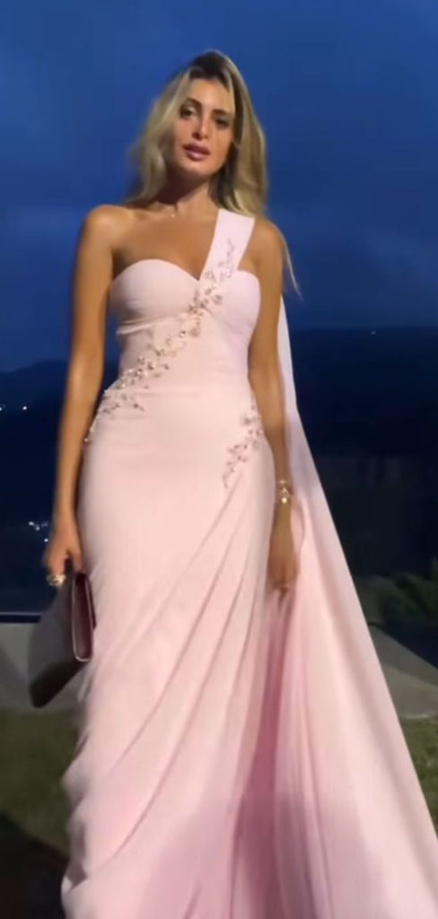 Elegant Pink One-Shoulder Mermaid Long Prom Dress Ideas, Evening Party Dresses,WGP1834