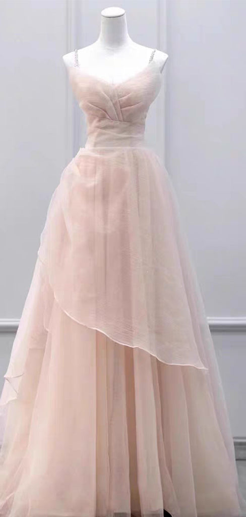 Elegant Pink Spaghetti Strap A-Line Long Prom Dress Ideas, Evening Party Dresses,WGP1798