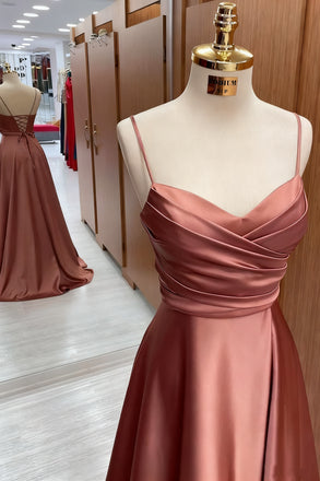 Elegant Brown Spaghetti Strap A-Line Long Prom Dress Ideas, Evening Party Dresses,WGP1607