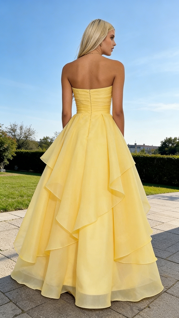 Elegant Strapless Yellow Chiffon Prom Dress Ruffle Layers High Slit Gown,WGP2120