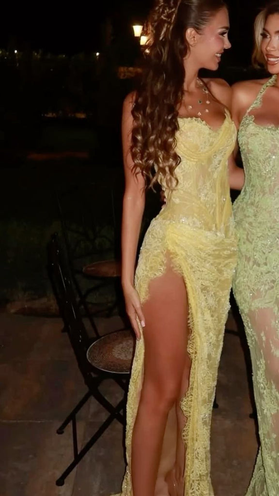 Sexy Yellow Spaghetti Strap Mermaid Side Slit Long Prom Dress Ideas, Evening Party Dresses,WGP1608