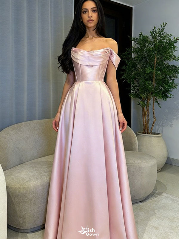 Classy Off-Shoulder Satin Prom Dress A-Line Floor Length Evening Gown,WGP2160