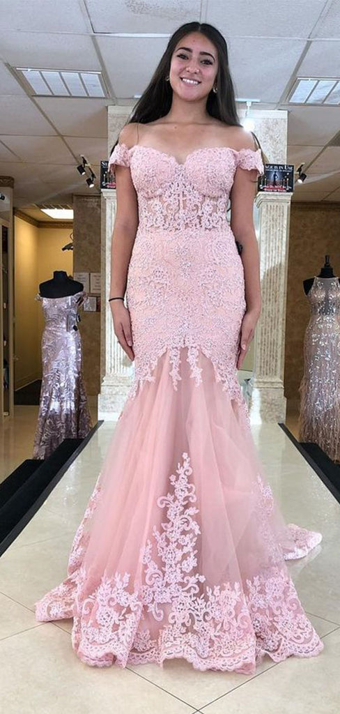Elegant Pink Lace Applique Off-Shoulder Sleeveless Mermaid  Long Prom Dress Ideas, Evening Party Dresses,WGP1693