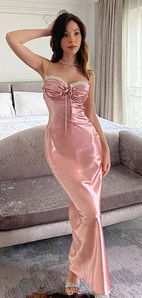 Elegant Pink Spaghetti Strap Mermaid Long Prom Dress Ideas, Evening Party Dresses,WGP1711