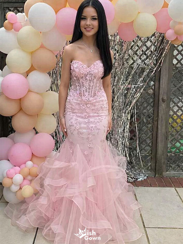 Fancy Pink Sweetheart Corset Prom Dress 3D Floral Ruffle Tiered Mermaid Gown,WGP2182