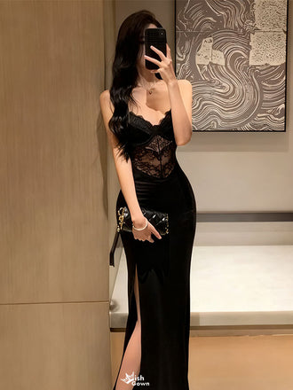 Sexy Black Spaghetti Strap Mermaid Side Slit Lace Long Prom Dress Ideas, Evening Party Dresses , WGP1578