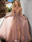 Shiny Pink V-Neck A-Line Side Slit Long Prom Dress Ideas, Evening Party Dresses,WGP1658