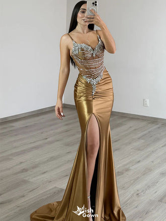 Elegant Gold Spaghetti Strap Mermaid Long Prom Dress Ideas, Evening Party Dresses,WGP1985