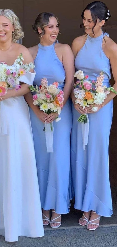 Elegant Blue Halter Mermaid Sleeveless Wedding Guest Bridesmaid Dresses,WGM391