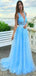 Charming Light Blue A-Line Spaghetti Straps V Neck Applique Cheap Maxi Long Party Prom Gowns,Evening Dresses,WGP439