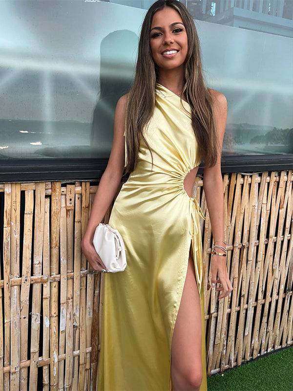 Elegant Yellow One Shoulder Mermaid Side Slit&nbsp;Party Prom Dresses,Evening Dress Online, WGP833