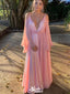 Elegant Pink V-Neck A-line Side Slit Long sleeve Party Prom Dresses,Evening Dress Online, WGP835