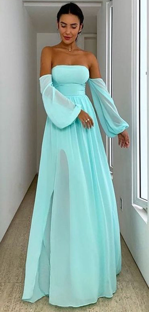 Elegant Baby Blue Off Shoulder A-line Side Slit Party Prom Dresses,Evening Dress Online, WGP834