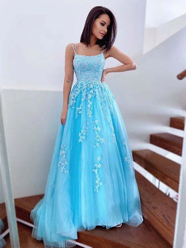 Elegant Light Blue A-Line Spaghetti Straps Applique Lace Maxi Long Party Prom Gowns,Evening Dresses,WGP398