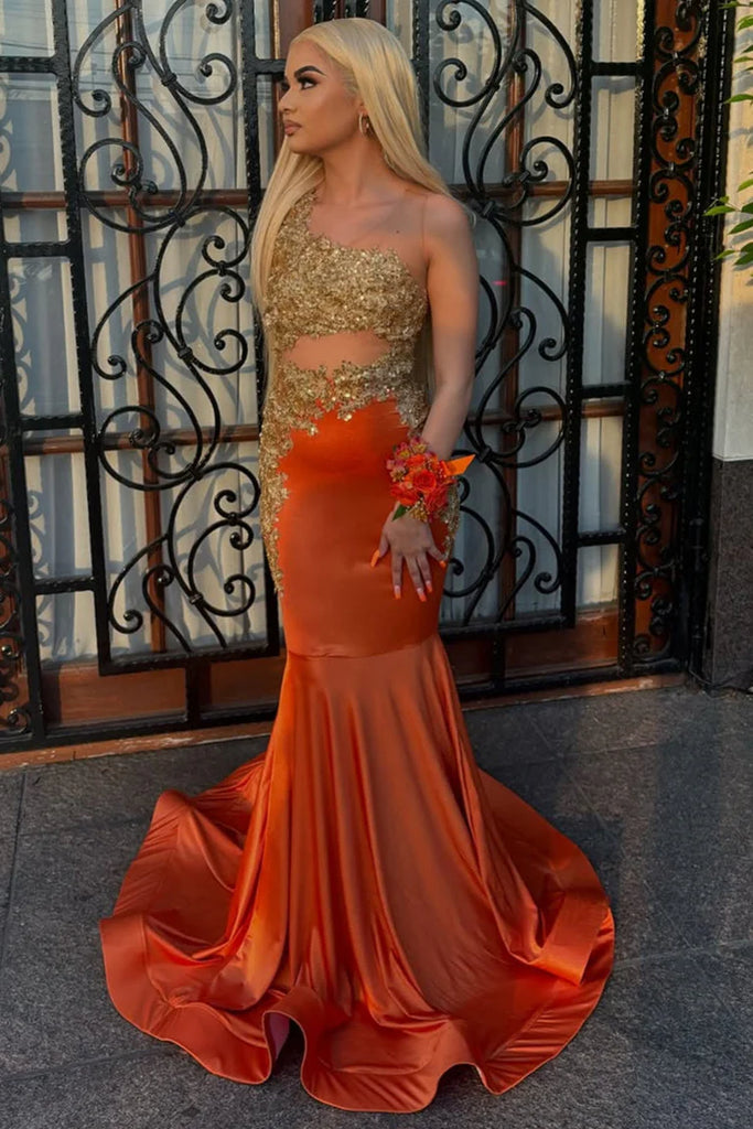 Sparkly Orange One-Shoulder Mermaid Long Prom Dress Ideas, Evening Party Dresses,WGP1808