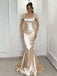 Classy Champagne Satin Prom Gown Lace Cap Sleeve Square Neck Ruched Mermaid Formal Dress,WGP2077
