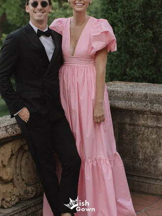 Casual V-neck Short Sleeves A-line Long Prom Dress Ideas, Evening Party Dresses,WGP1847