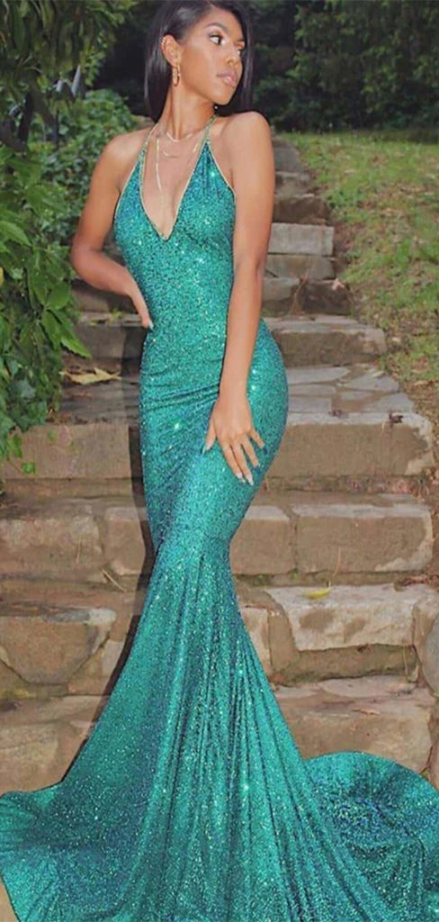 Elegant Green Spaghetti Strap Mermaid V-Neck Sleeveless Party Prom Dresses,Evening Dress Online, WGP843