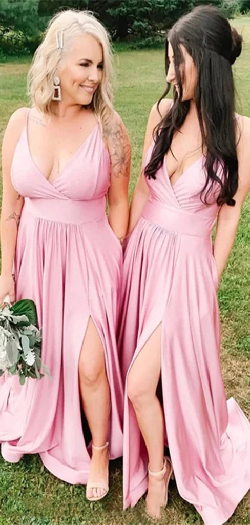 Elegant Pink Spaghetti Strap A-Line Side Slit&nbsp;Sleeveless Wedding Guest Bridesmaid Dresses,WGM401