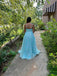 Elegant Blue A-Line Spaghetti Straps V Neck Applique Cheap Maxi Long Party Prom Gowns,Evening Dresses,WGP434