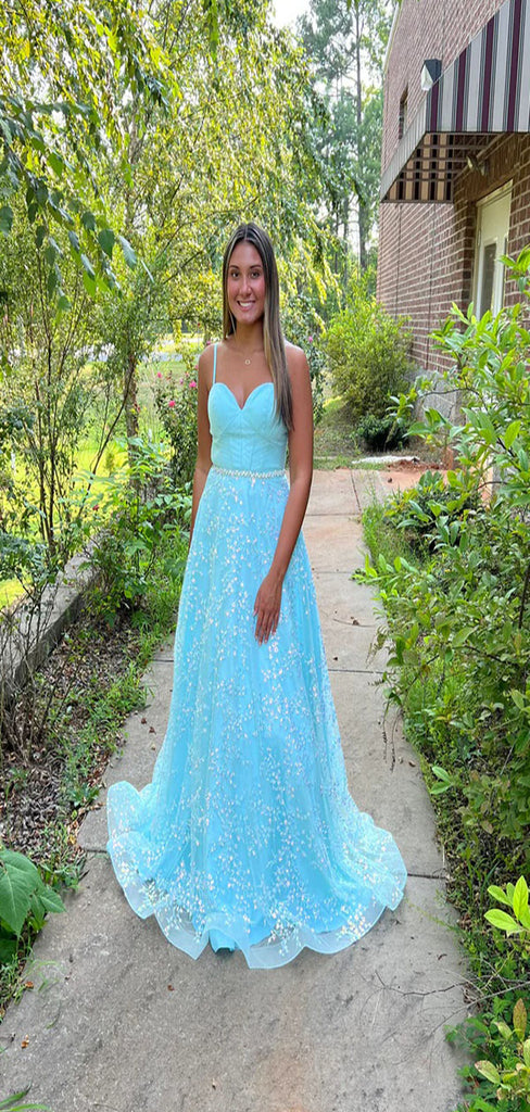 Elegant Blue A-Line Spaghetti Straps V Neck Applique Cheap Maxi Long Party Prom Gowns,Evening Dresses,WGP434