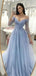 Elegant Blue V-Neck Long Sleeve A-Line Long Prom Dress Ideas, Evening Party Dresses,WGP1660