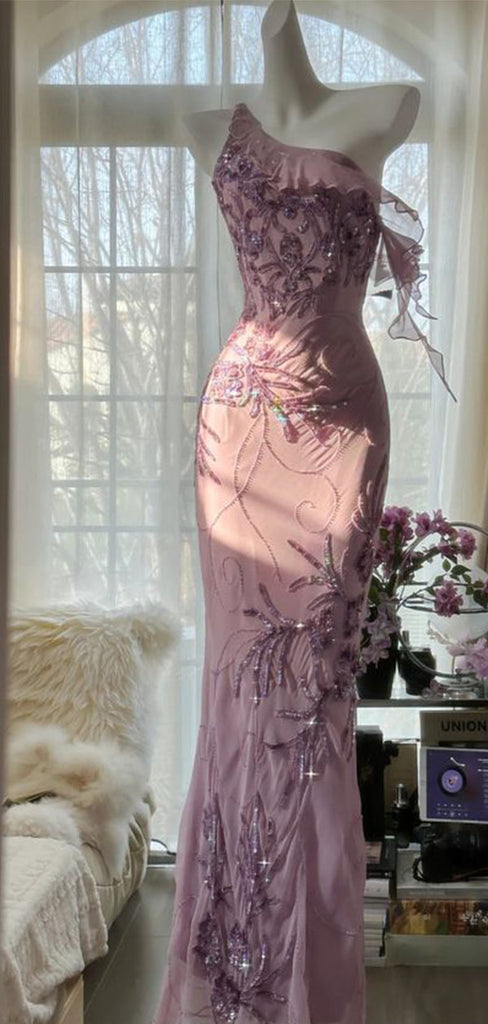Elegant Pink One-Shoulder Mermaid Long Prom Dress Ideas, Evening Party Dresses,WGP1673