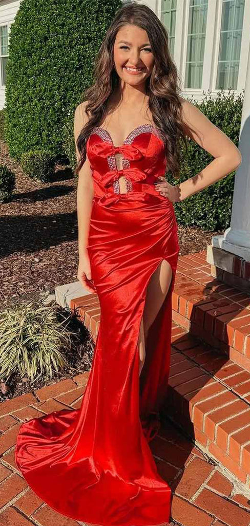 Elegant Red Sweetheart Mermaid Side Slit Long Prom Dress Ideas, Evening Party Dresses, WGP2013