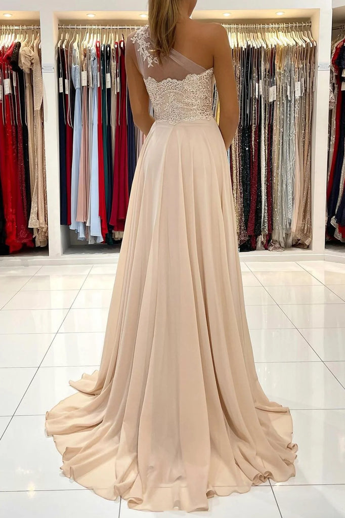 Elegant Champagne One-Shoulder A-Line Long Prom Dress Ideas, Evening Party Dresses,WGP1773