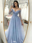 Elegant Blue V-Neck Long Sleeve A-Line Long Prom Dress Ideas, Evening Party Dresses,WGP1660
