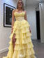 Unique Yellow Tiered Ruffle Prom Dress Strapless Corset Bodice Tulle Ball Gown with Slit,WGP2056