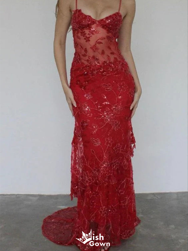 Sexy Red Spaghetti Strap Mermaid Lace Sleeveless Party Prom Dresses,Evening Dress Online, WGP861