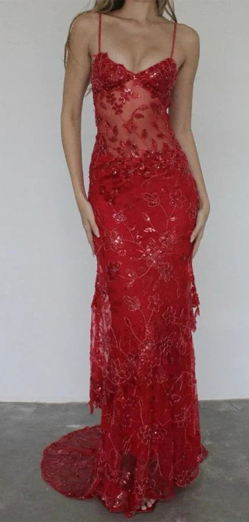 Sexy Red Spaghetti Strap Mermaid Lace Sleeveless Party Prom Dresses,Evening Dress Online, WGP861