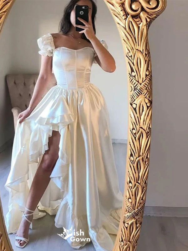 Elegant White Sweetheart Side Slit Long Prom Dress Ideas, Evening Party Dresses,WGP1854