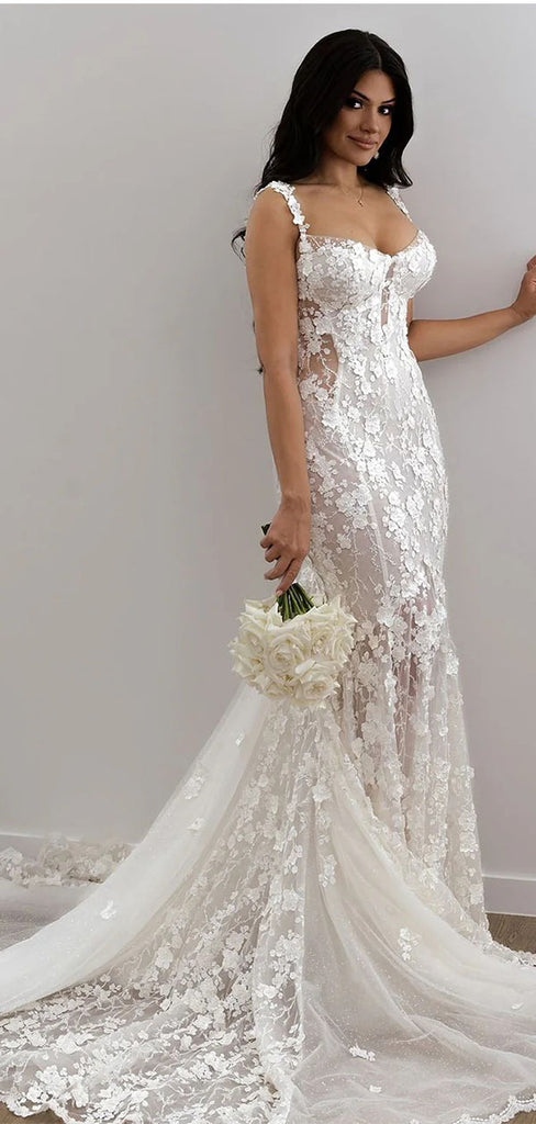 Elegant White Sweetheart Lace Mermaid Long Wedding Dresses With Sweep Trailing ,WDH165