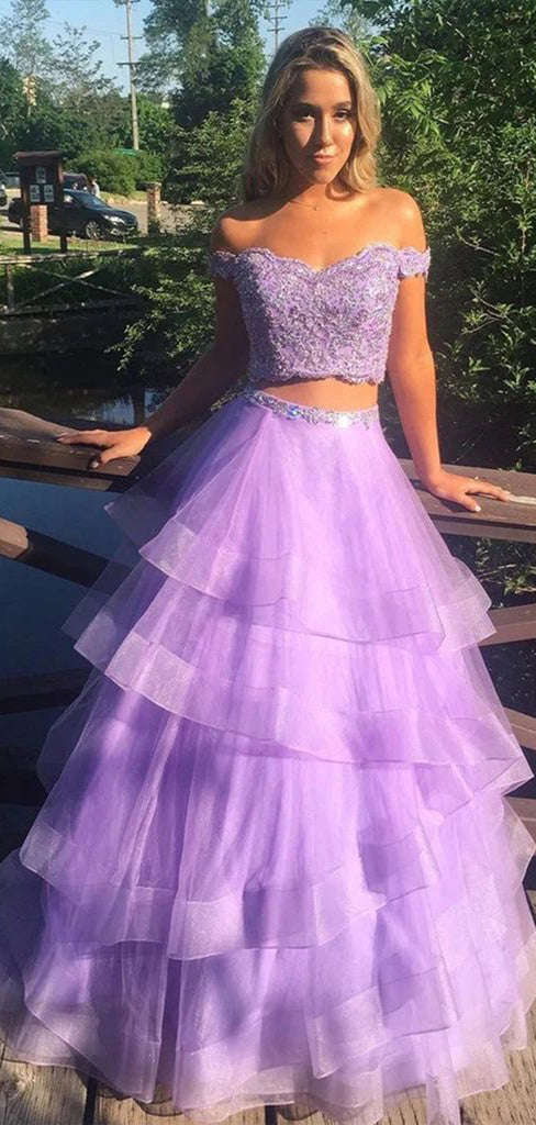 Two Pieces Purple Off Shoulder V Neck Sequins Cheap Maxi Long Party Prom Gowns,Evening Dresses,WGP421