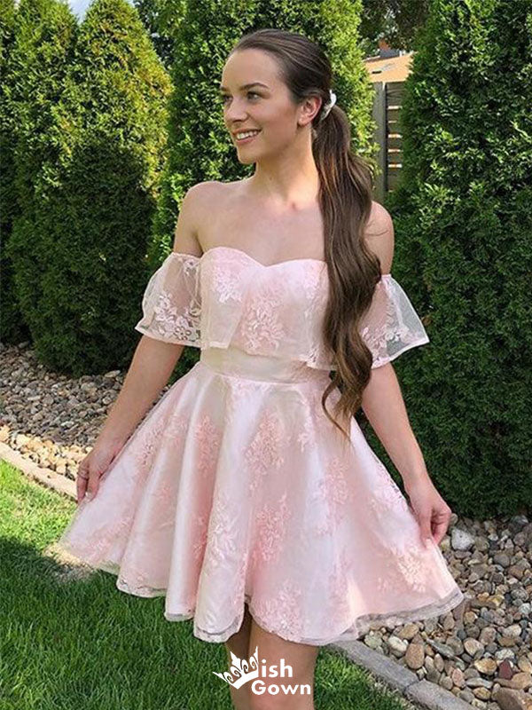 Cute Pink Off-Shoulder Short Sleeveless Homecoming Dresses For Birthday Party, EPT692
