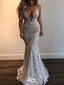 Sexy White Mermaid V-Neck Spaghetti Strap Lace Popular Long Evening Dresses, Formal Dresses, Birthday Party, WGP578