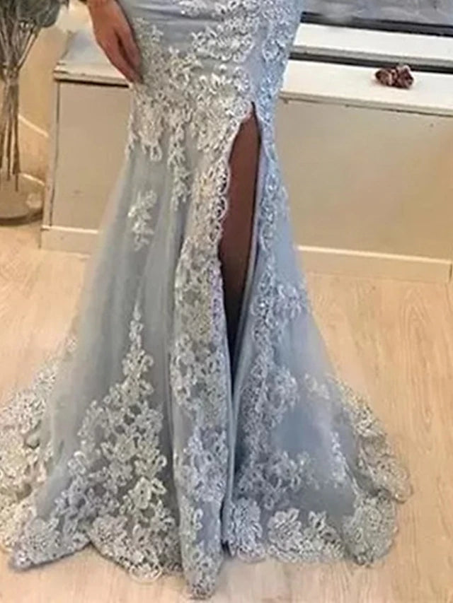 Sexy Mermaid V Neck Off Shoulder Side Slit Lace Formal Prom Gowns,Evening Dresses,WGP323