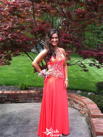 Gorgeous Halter V-neck Backless A-line Long Prom Dress Ideas, Evening Party Dresses,WGP1264