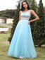 Elegant Blue A-Line Illusion Sleeveless Sequins Beading Long Formal Prom Gowns,Evening Dresses,WGP351