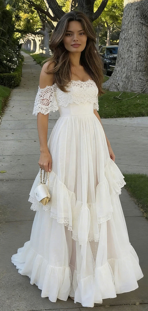 Unique White Lace Prom Gown Off-Shoulder Tiered A-Line Evening Dress,WGP2130