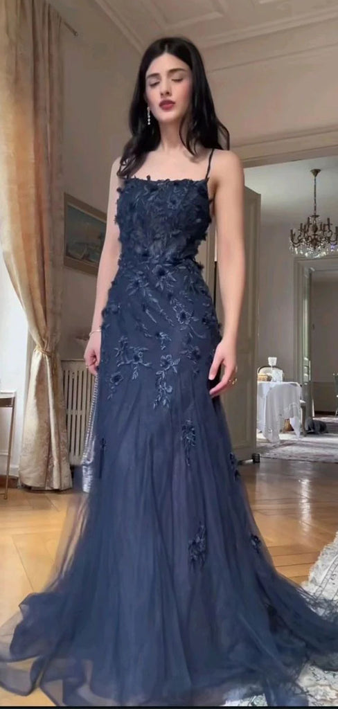 Unique Navy Blue Spaghetti Strap Mermaid Long Prom Dress Ideas, Evening Party Dresses,WGP1634