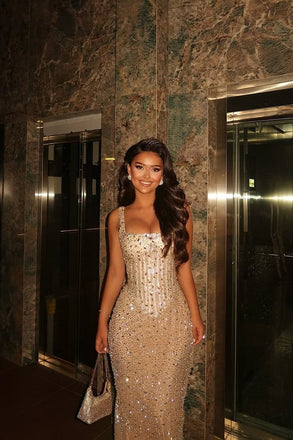 Sparkly Champagne Gold Sequin Prom Dress Fancy Square Sleeveless Formal Gown,WGP2069