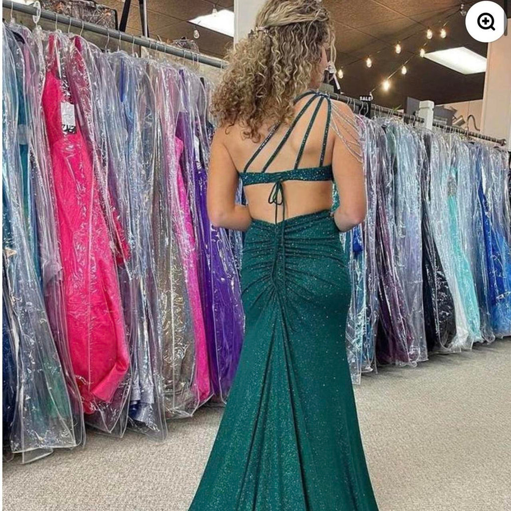 Elegant Green One-Shoulder Mermaid Side Slit Long Prom Dress Ideas, Evening Party Dresses,WGP1739