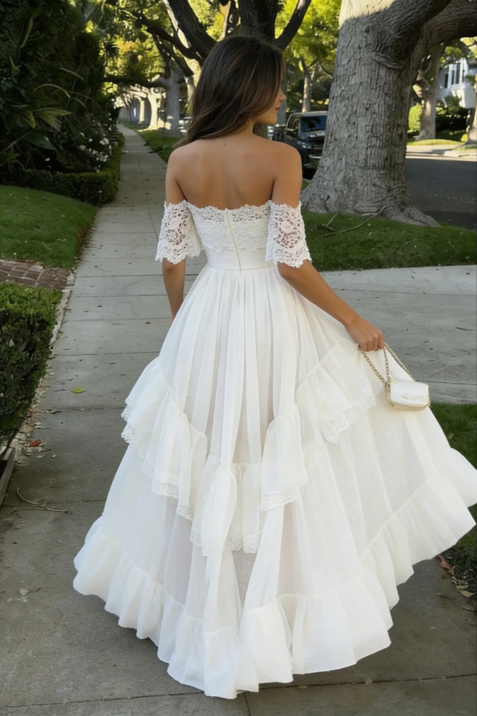 Unique White Lace Prom Gown Off-Shoulder Tiered A-Line Evening Dress,WGP2130