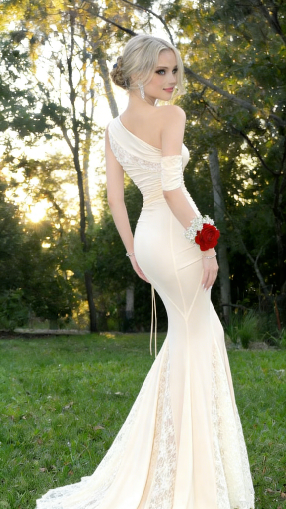 Unique Champagne One Shoulder Lace Mermaid Prom Dress Sexy Ruched Side Slit Long Evening Gown,WGP2093