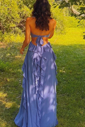 Sexy Blue Halter Strap A-Line Long Prom Dress Ideas, Evening Party Dresses,WGP1616