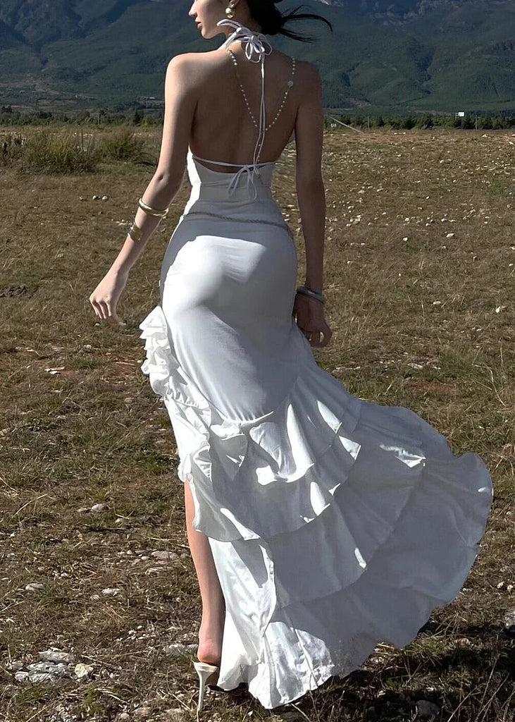 Elegant White V-Neck Mermaid Side Slit Floral Long Prom Dress Ideas, Evening Party Dresses,WGP1703