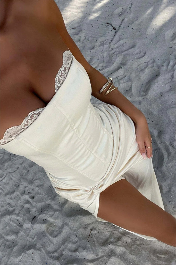 Sexy White Strapless Satin Mermaid Prom Dress with High Slit Detail,WGP2138